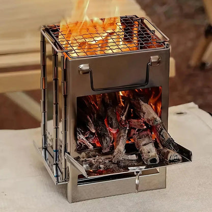 Foldable Camping BBQ Grill - Portable Stainless Steel Wood Stove