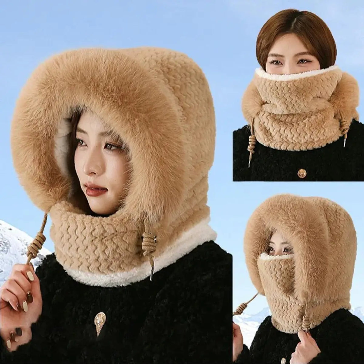 Thermal Hooded Scarf and Plush Hat Set for Women - Windproof with Ear Coverage