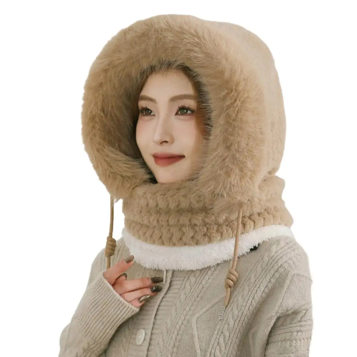 Thermal Hooded Scarf and Plush Hat Set for Women - Windproof with Ear Coverage