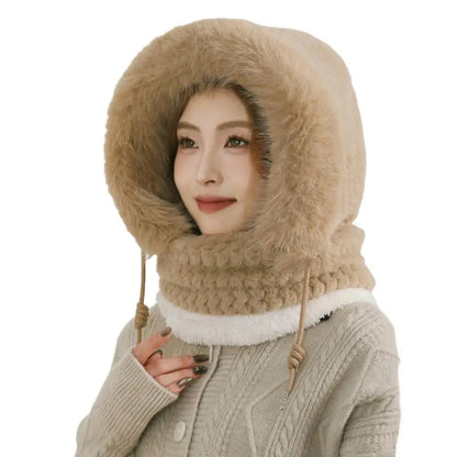 Thermal Hooded Scarf and Plush Hat Set for Women - Windproof with Ear Coverage
