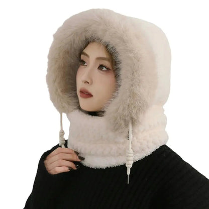 Thermal Hooded Scarf and Plush Hat Set for Women - Windproof with Ear Coverage