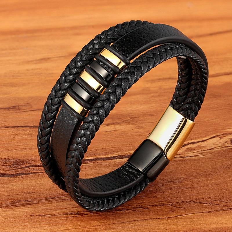 Multi-Layer Leather Bracelet for Men – Braided and Smooth with Steel Clasp