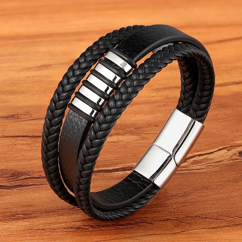 Multi-Layer Leather Bracelet for Men – Braided and Smooth with Steel Clasp