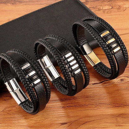 Multi-Layer Leather Bracelet for Men – Braided and Smooth with Steel Clasp