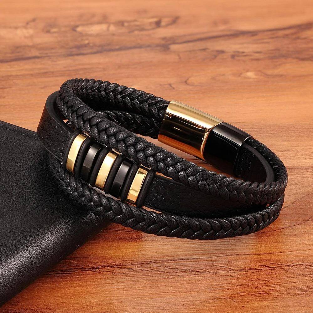 Multi-Layer Leather Bracelet for Men – Braided and Smooth with Steel Clasp