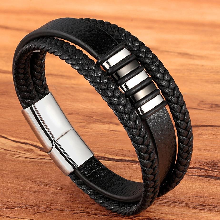 Multi-Layer Leather Bracelet for Men – Braided and Smooth with Steel Clasp
