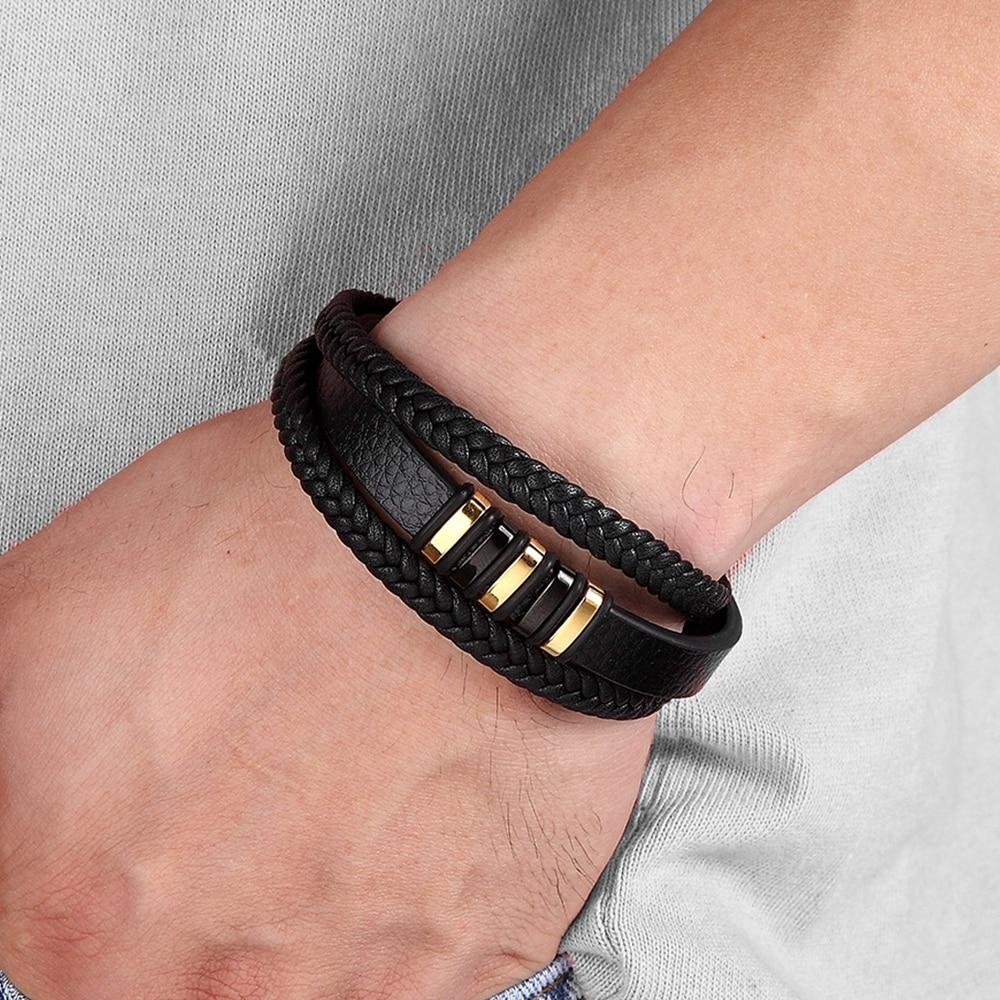 Multi-Layer Leather Bracelet for Men – Braided and Smooth with Steel Clasp