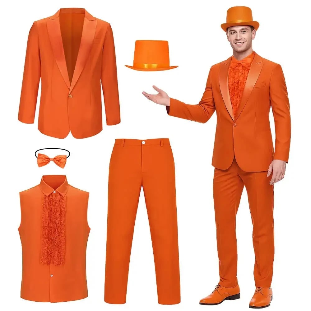 Men's Classic Formal Suit Ensemble with Ruffled Shirt & Hat