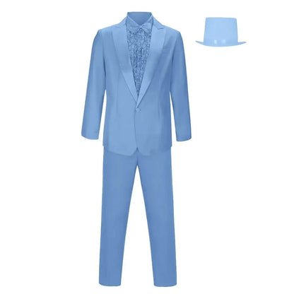Men's Classic Formal Suit Ensemble with Ruffled Shirt & Hat