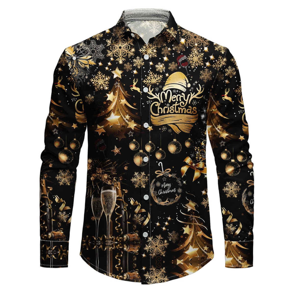 Men's Elegant Holiday Shirt with Gold Accents and Classic Collar