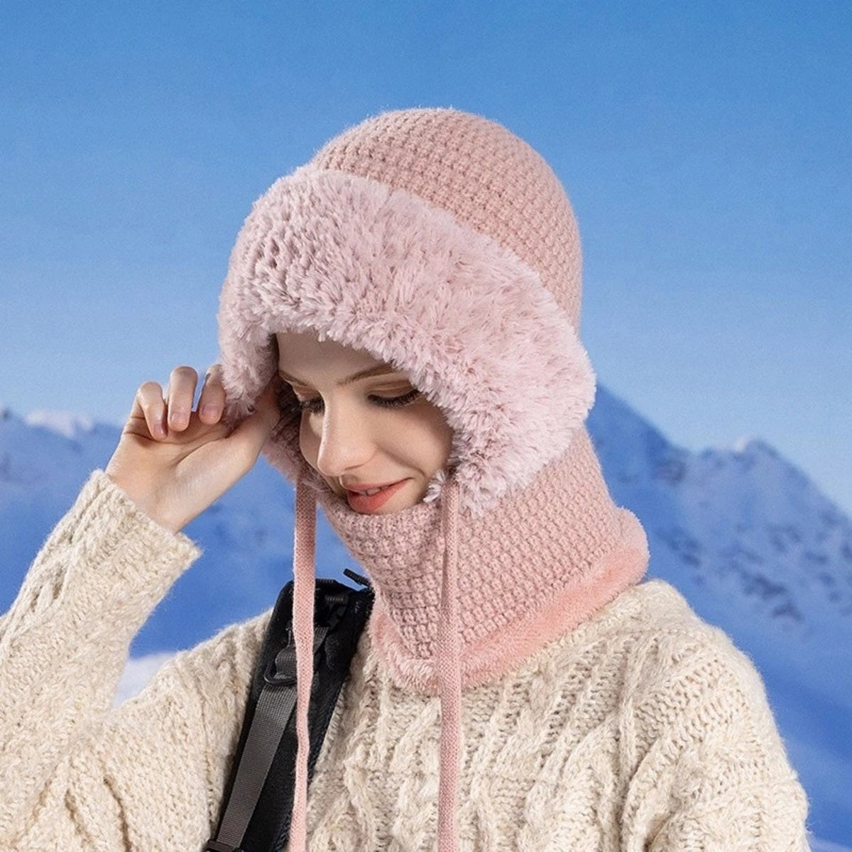 Windproof Knit Beanie with Ear Covers and Neck Warmer for Cycling