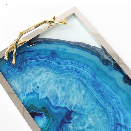 Serving Tray with Blue Agate Glass and Stainless Steel Frame