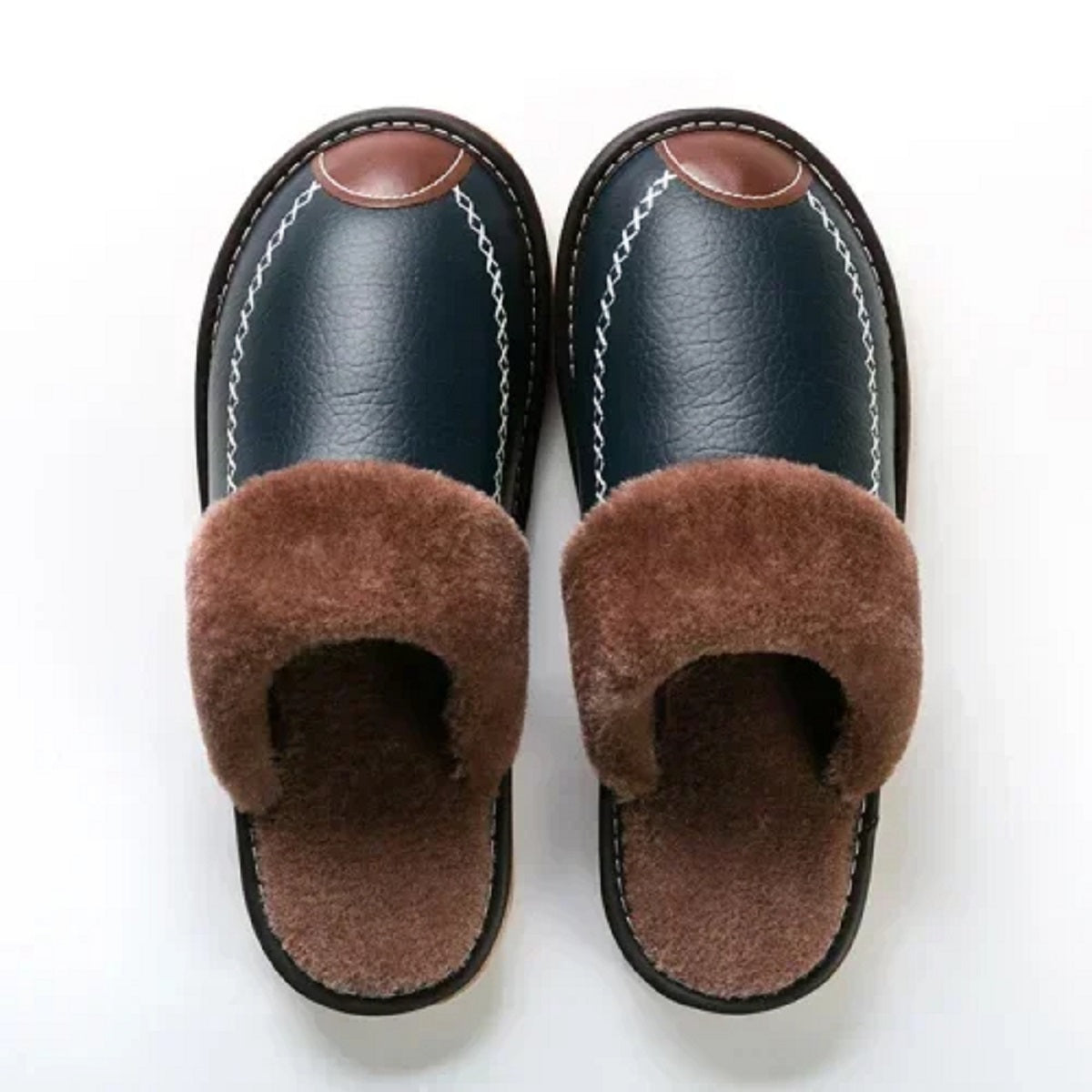 Thick Plus Velvet Leather Slippers for Men – Warm Winter Footwear