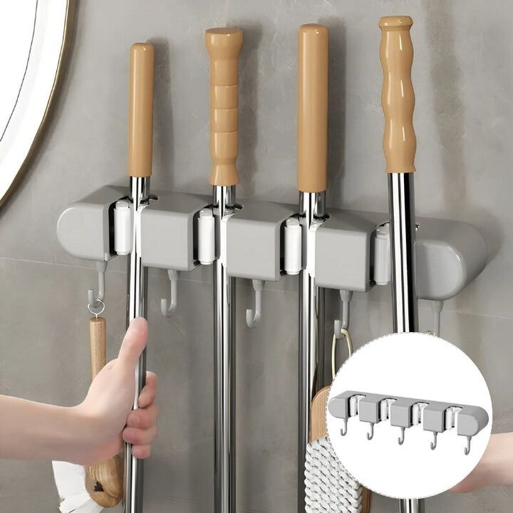 Space-Saving Wall Organizer for Brooms & Mops with Hooks