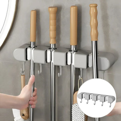 Space-Saving Wall Organizer for Brooms & Mops with Hooks