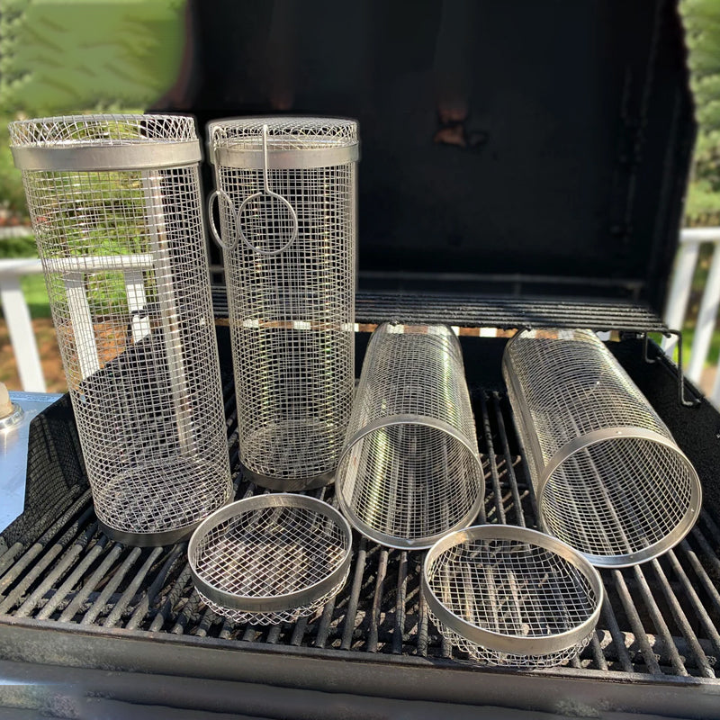 Cylindrical Grill Basket for Vegetables, Meat, and Shrimp – 304 Stainless Steel, Dishwasher-Safe with Side Flap