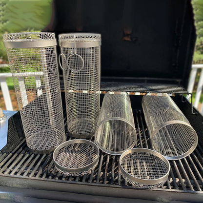 Cylindrical Grill Basket for Vegetables, Meat, and Shrimp – 304 Stainless Steel, Dishwasher-Safe with Side Flap