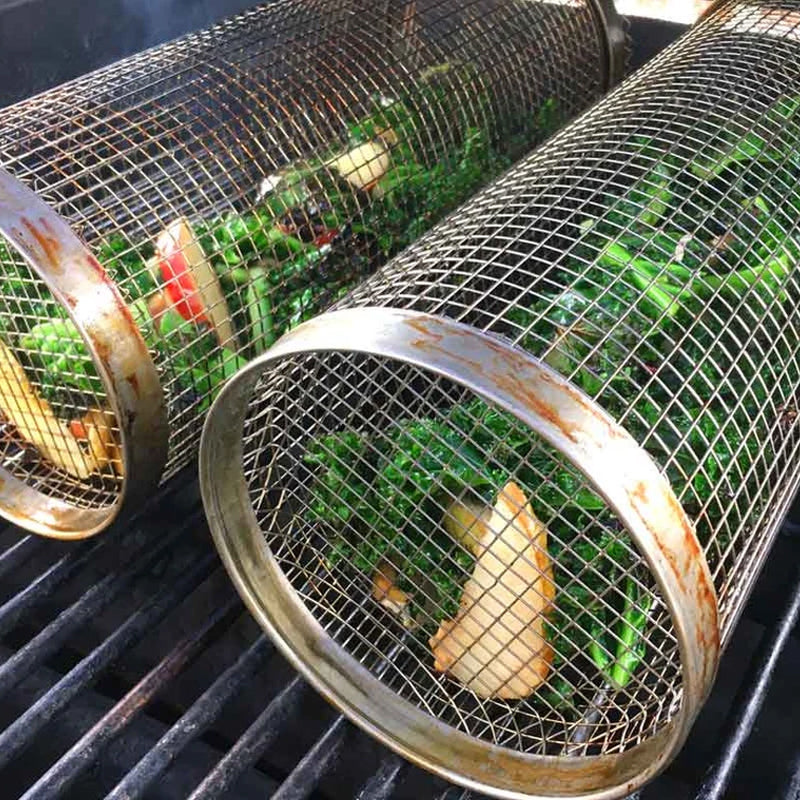 Cylindrical Grill Basket for Vegetables, Meat, and Shrimp – 304 Stainless Steel, Dishwasher-Safe with Side Flap