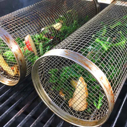 Cylindrical Grill Basket for Vegetables, Meat, and Shrimp – 304 Stainless Steel, Dishwasher-Safe with Side Flap