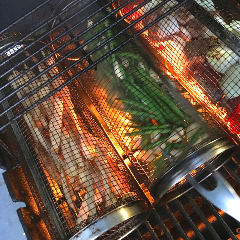 Cylindrical Grill Basket for Vegetables, Meat, and Shrimp – 304 Stainless Steel, Dishwasher-Safe with Side Flap