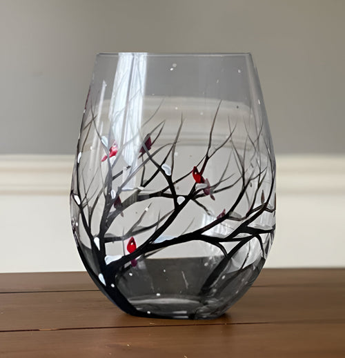 Winter Tree Design Stemless Wine Glass with Red Birds - 355ml