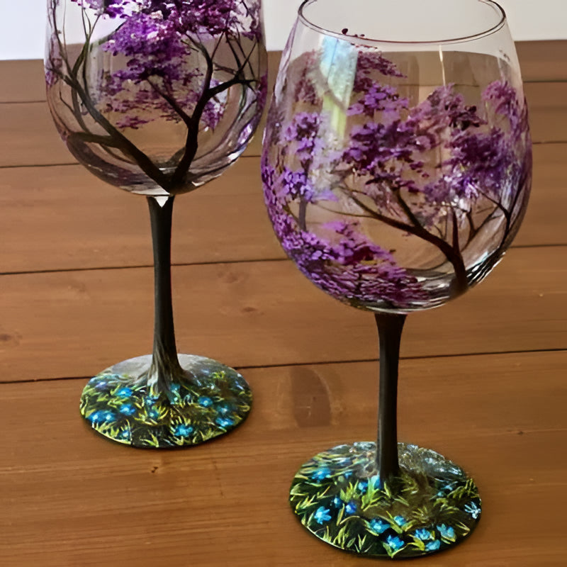 Winter Tree Design Stemless Wine Glass with Red Birds - 355ml