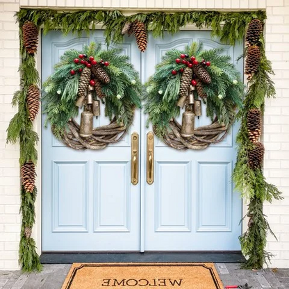 Handcrafted Bohemian Door Wreath with Bells and Pinecones for Winter