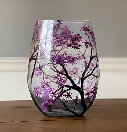 Winter Tree Design Stemless Wine Glass with Red Birds - 355ml