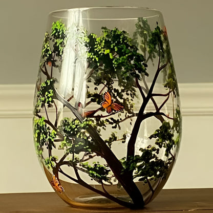 Winter Tree Design Stemless Wine Glass with Red Birds - 355ml