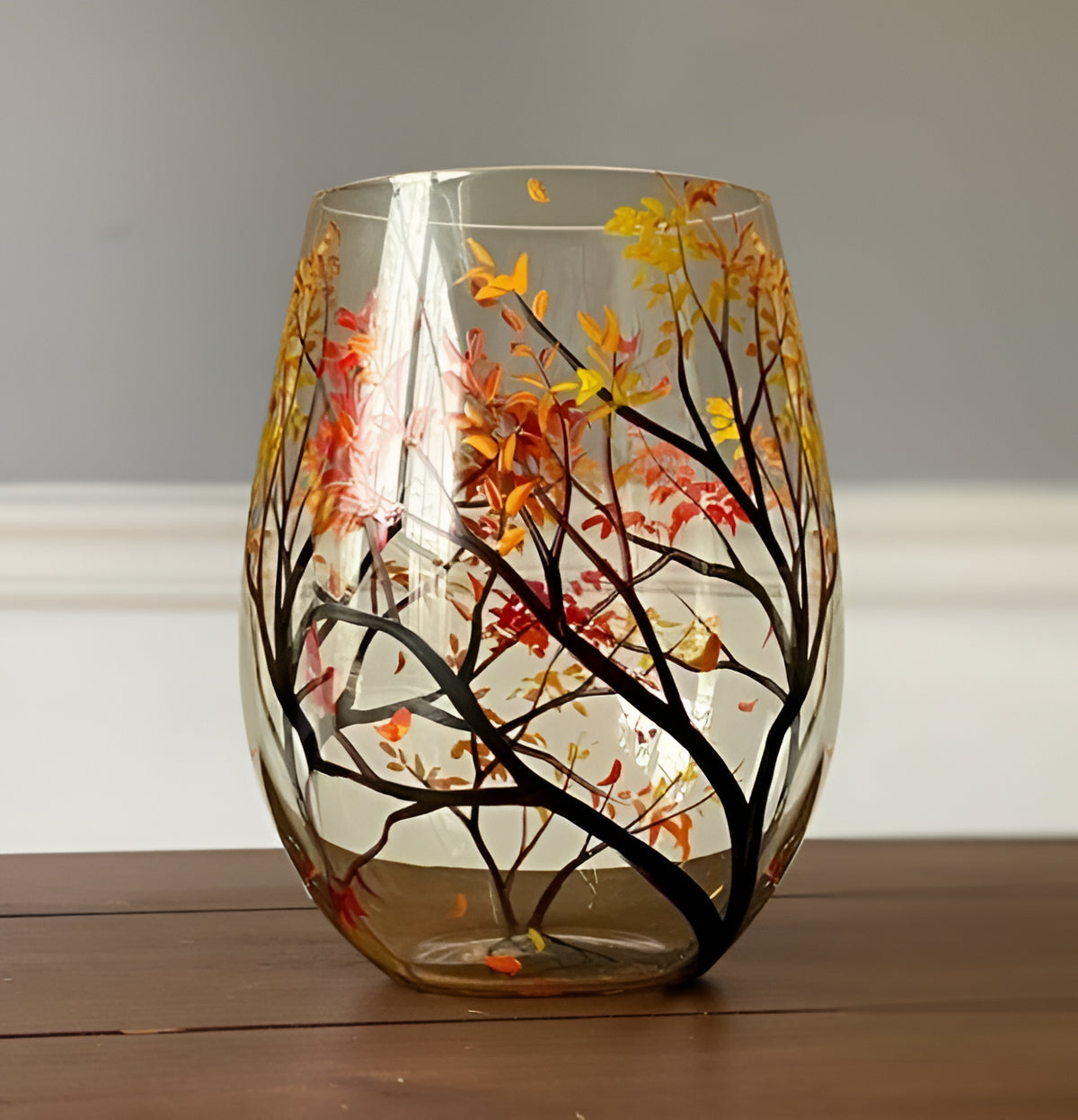 Winter Tree Design Stemless Wine Glass with Red Birds - 355ml