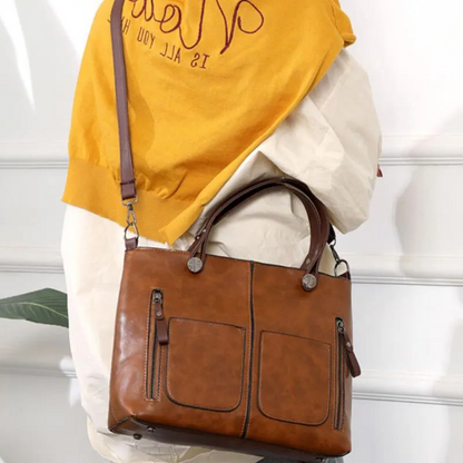Chic Leather Tote with Convenient Front Pockets