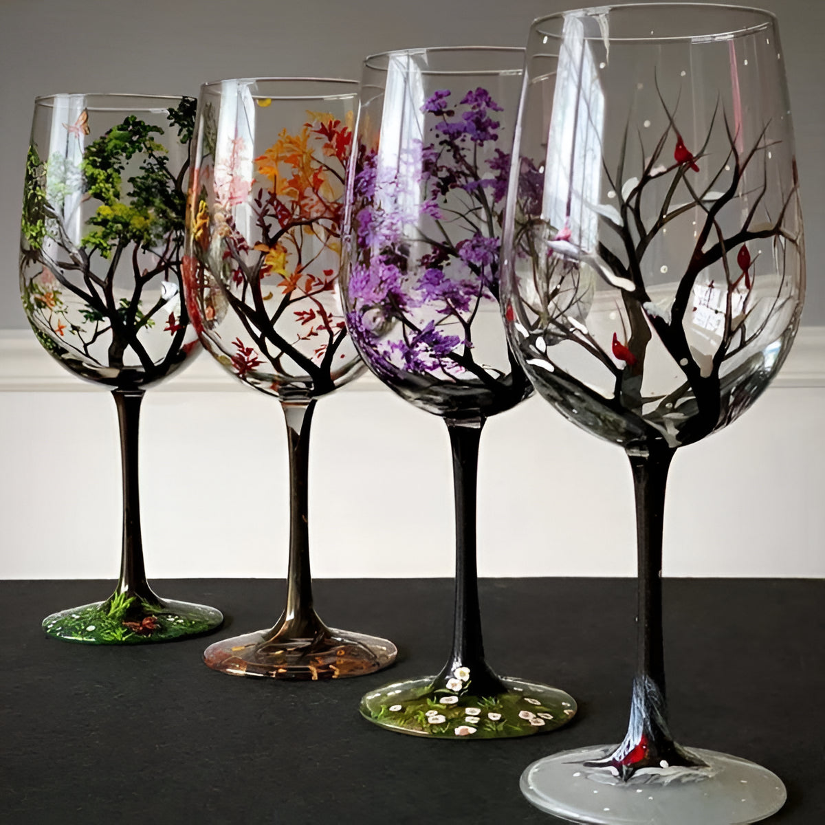Winter Tree Design Stemless Wine Glass with Red Birds - 355ml