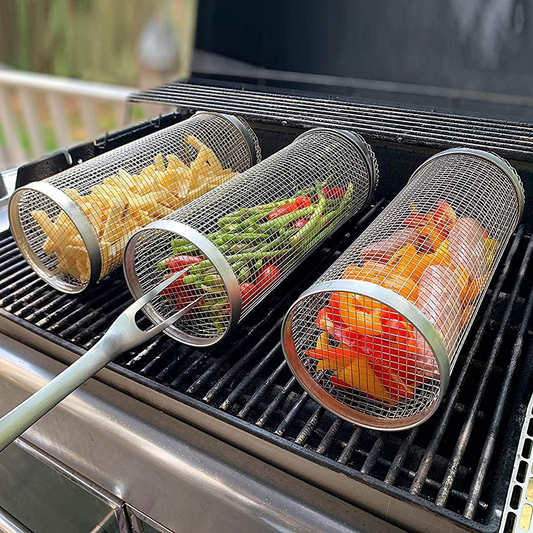 Cylindrical Grill Basket for Vegetables, Meat, and Shrimp – 304 Stainless Steel, Dishwasher-Safe with Side Flap