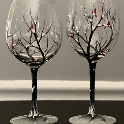 Winter Tree Design Stemless Wine Glass with Red Birds - 355ml