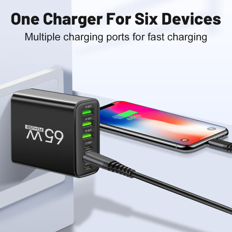 65W 6-in-1 Fast Charger – Charge Up to 6 Devices Simultaneously – Perfect for Home, Office, and Travel
