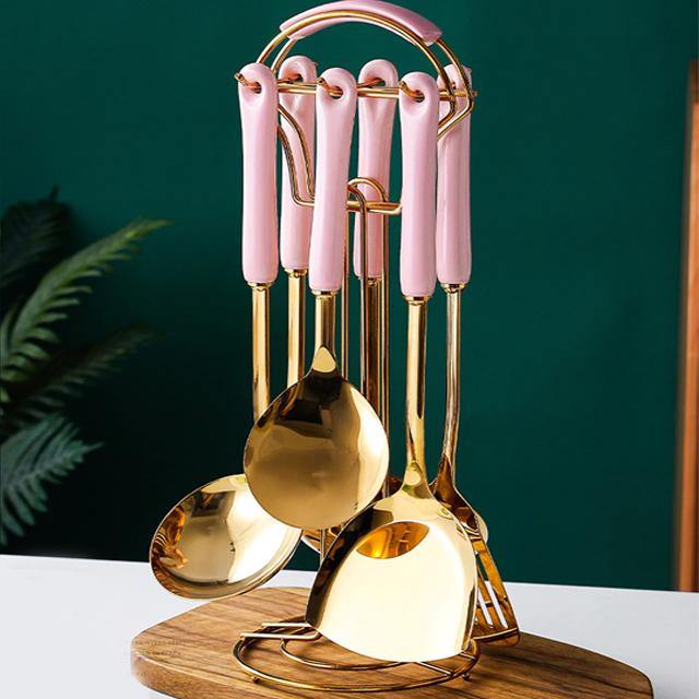 Golden Kitchen Tools Set with Stand - Metallic Finish