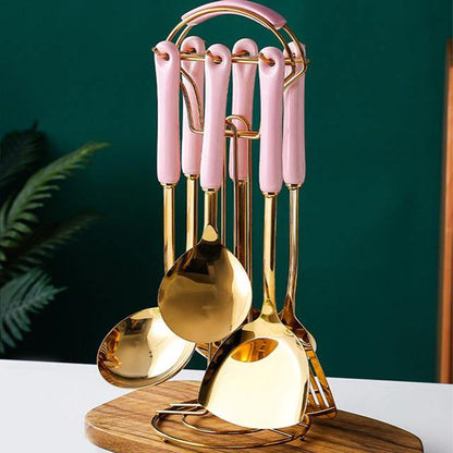 Golden Kitchen Tools Set with Stand - Metallic Finish