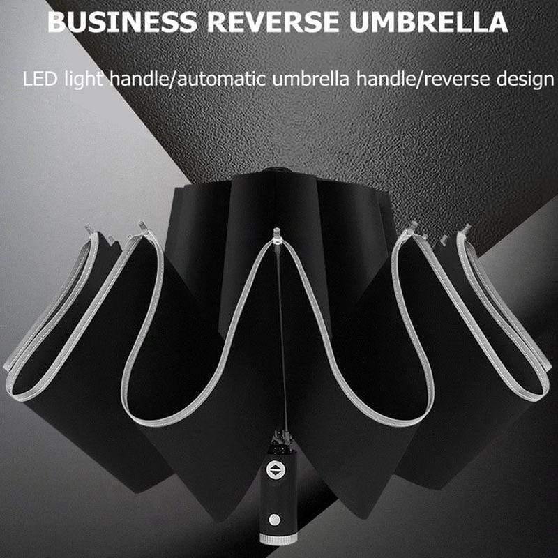 Automatic Inverted Umbrella with Reflective Stripe and LED Light, 10 Ribs, Windproof, Travel-Friendly, Triple-Folding