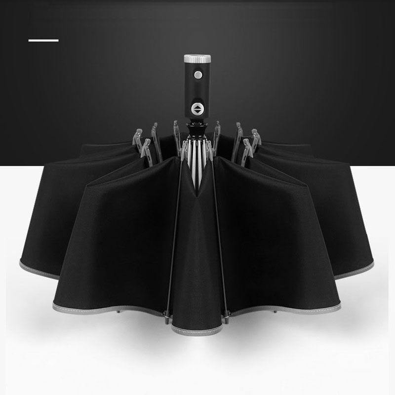 Automatic Inverted Umbrella with Reflective Stripe and LED Light, 10 Ribs, Windproof, Travel-Friendly, Triple-Folding