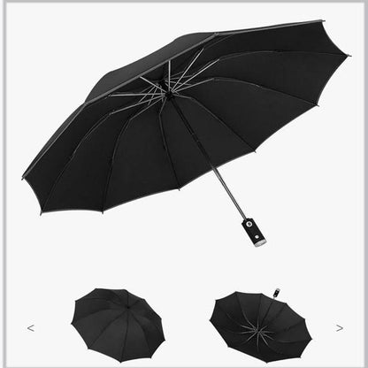 Automatic Inverted Umbrella with Reflective Stripe and LED Light, 10 Ribs, Windproof, Travel-Friendly, Triple-Folding