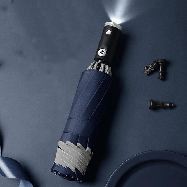 Automatic Inverted Umbrella with Reflective Stripe and LED Light, 10 Ribs, Windproof, Travel-Friendly, Triple-Folding