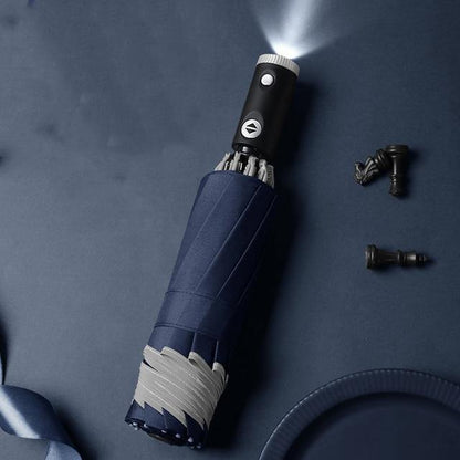 Automatic Inverted Umbrella with Reflective Stripe and LED Light, 10 Ribs, Windproof, Travel-Friendly, Triple-Folding