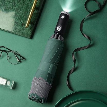 Automatic Inverted Umbrella with Reflective Stripe and LED Light, 10 Ribs, Windproof, Travel-Friendly, Triple-Folding