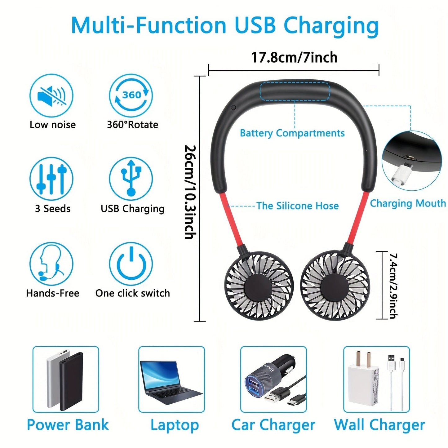 Portable Neck Fan – USB Rechargeable, Hands-Free with 360° Adjustable Speed