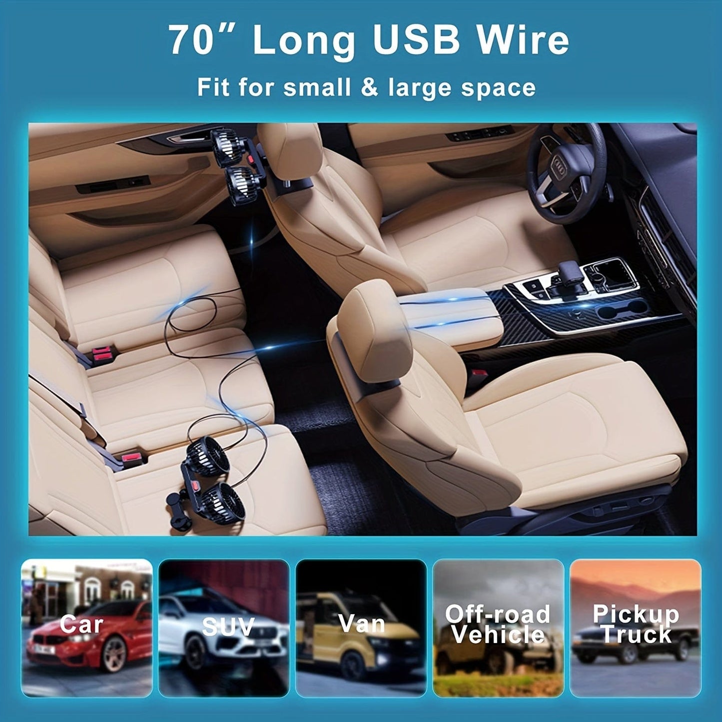 Compact Car Air Conditioner Fan, Dual-Headed 360° Rotating Cooling System