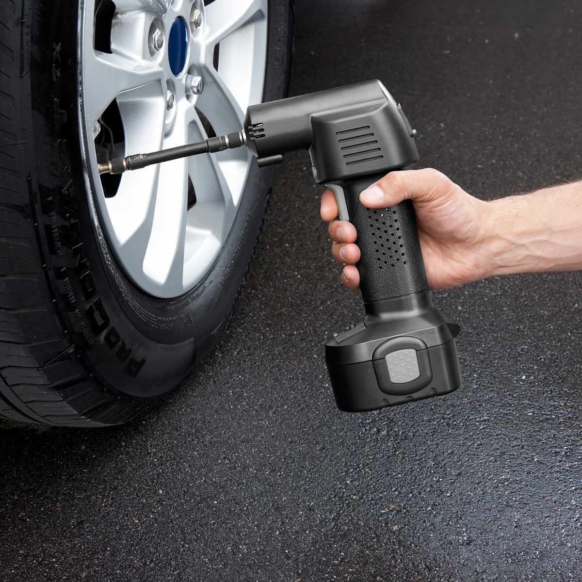 Compact Cordless Tire Pump with Rechargeable Battery and LCD Screen