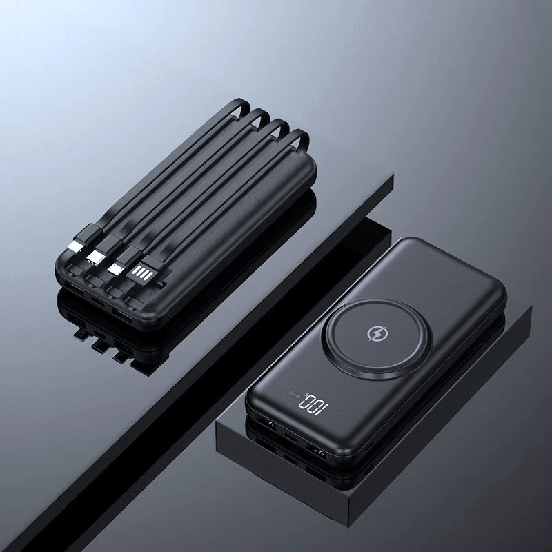 Portable 20000mAh Power Bank – Wireless Charging, 4 Integrated Cables, 6 Ports