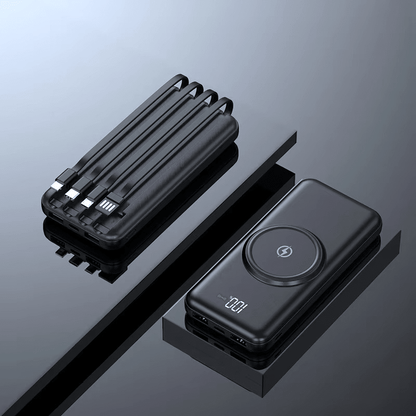 Portable 20000mAh Power Bank – Wireless Charging, 4 Integrated Cables, 6 Ports