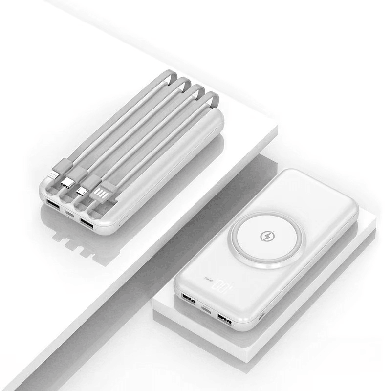 Portable 20000mAh Power Bank – Wireless Charging, 4 Integrated Cables, 6 Ports