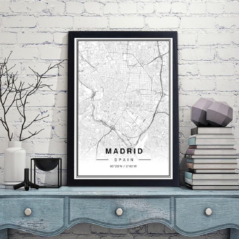 Monochrome Madrid City Map Art Print with Latitude and Longitude